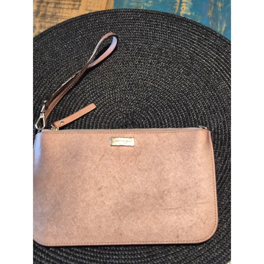 Kate Spade Rose Gold Saffiano Leather Wristlet Clutch Bag Metallic Pink Pouch - Picture 9 of 9